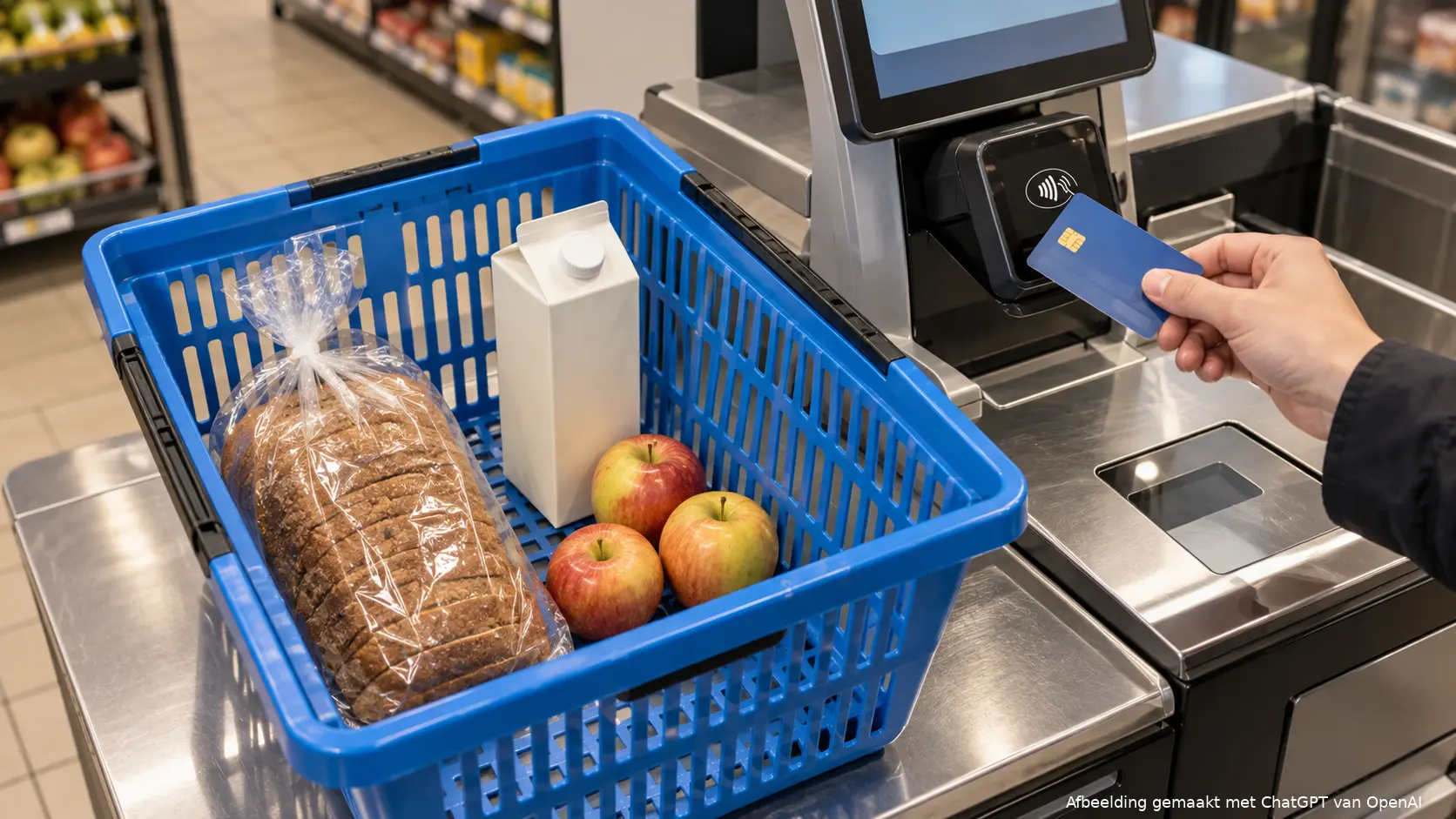 Illustratie van dagelijkse boodschappen afrekenen tijdens het wachten op een eerste uitkering.