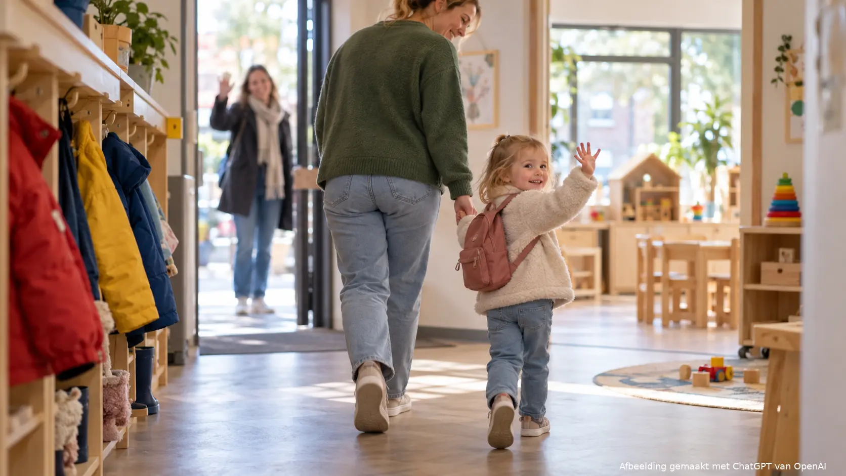 Illustratie van een kind dat naar de opvang gaat, ook nadat een ouder zijn baan heeft verloren.