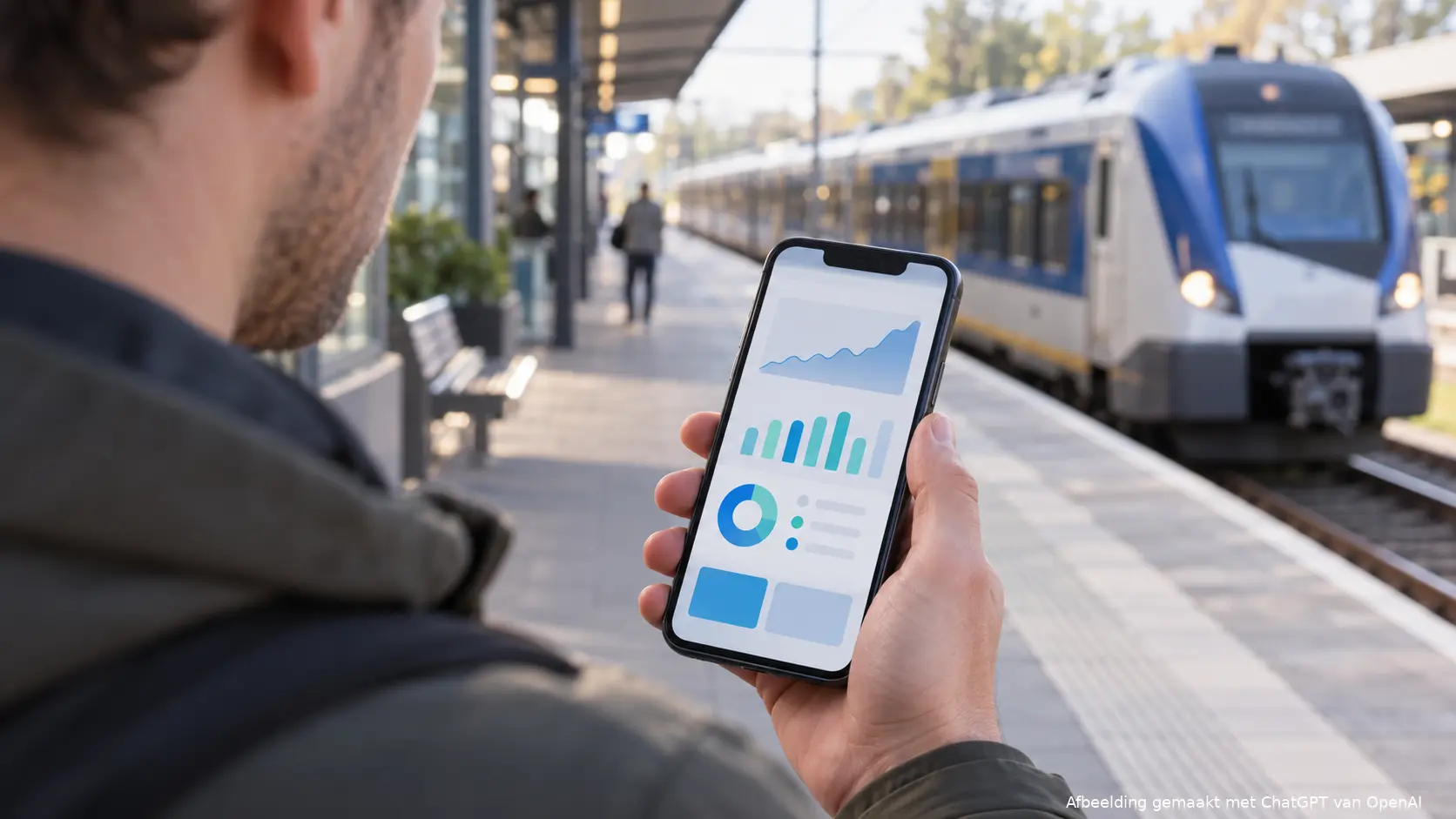 Illustratie van iemand die op een station een financiële app bekijkt, bij uitleg over de Overnight-rekening van Scalable.