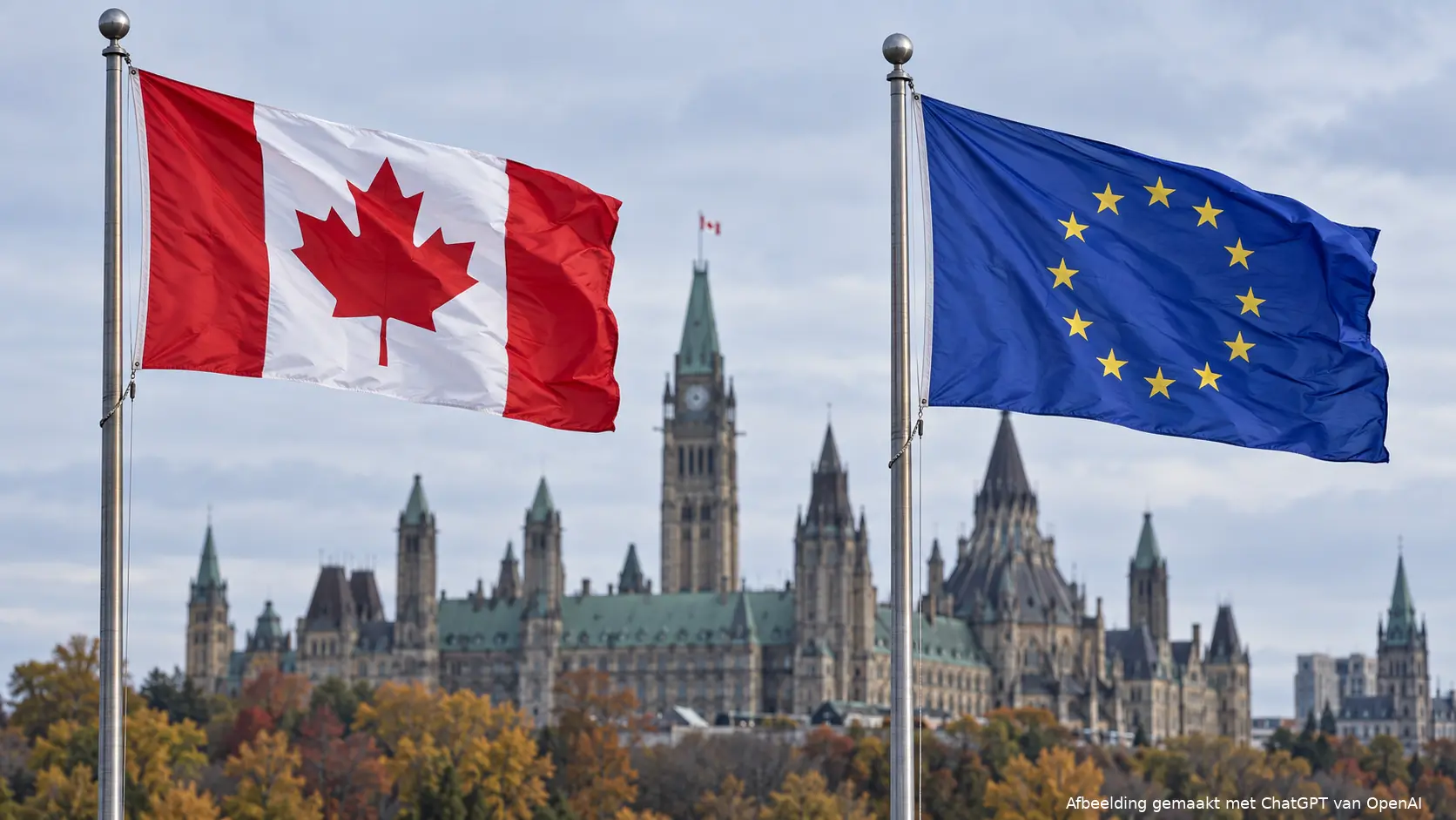 Illustratie van Canadese en Europese vlaggen bij de aangekondigde opening van een parlementair kantoor in Ottawa.