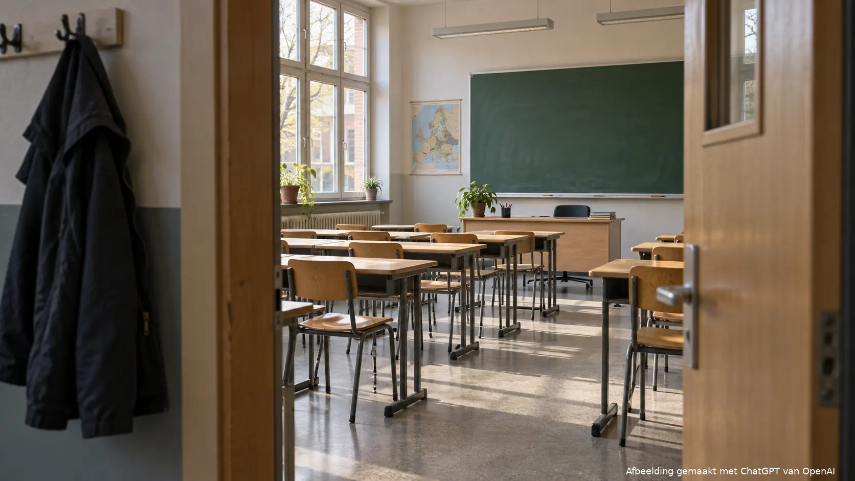 Illustratie van een leeg klaslokaal bij het debat over religieuze symbolen en neutraliteit op school.