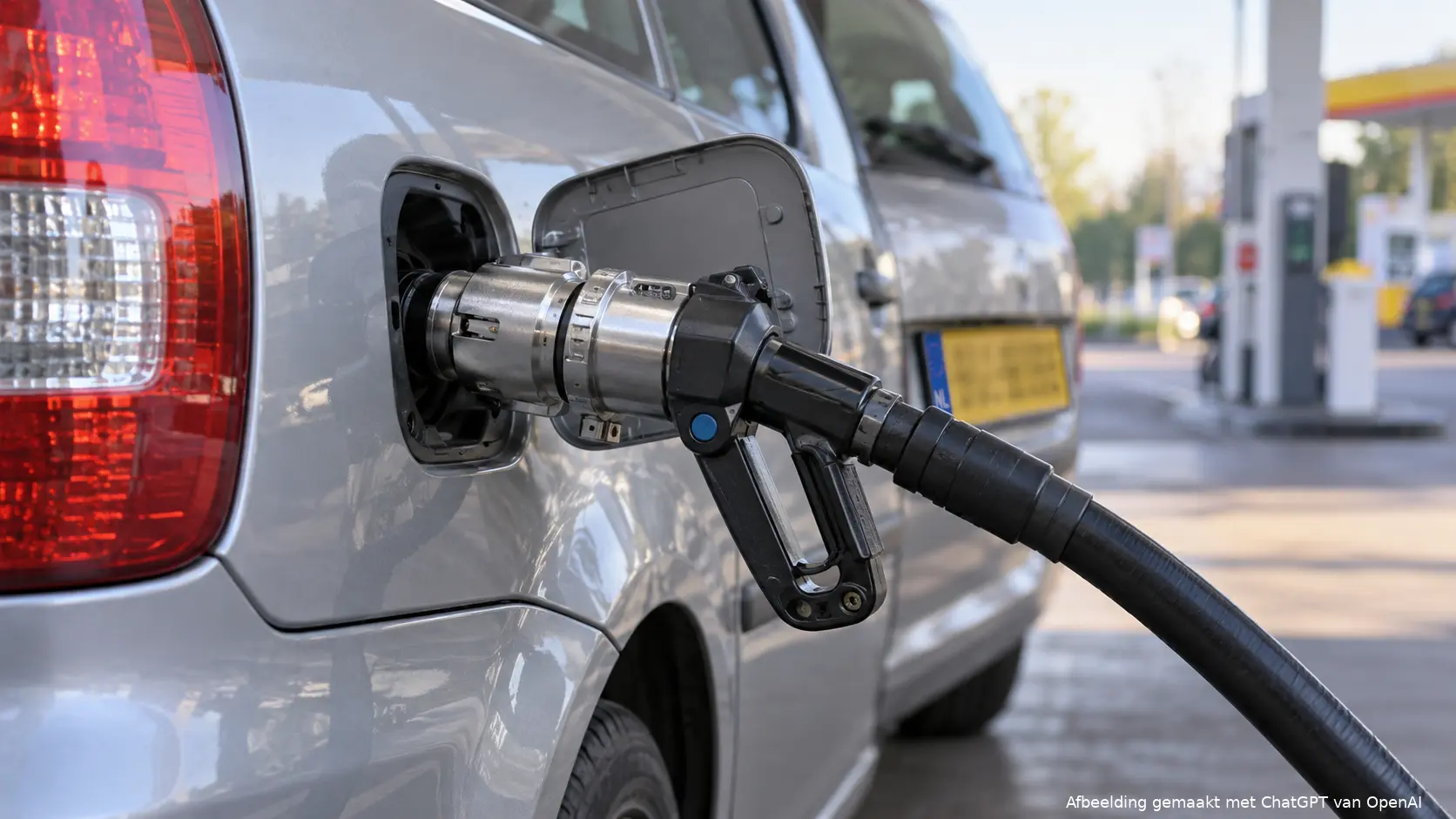 Illustratie van een auto die LPG tankt bij een Nederlands tankstation.