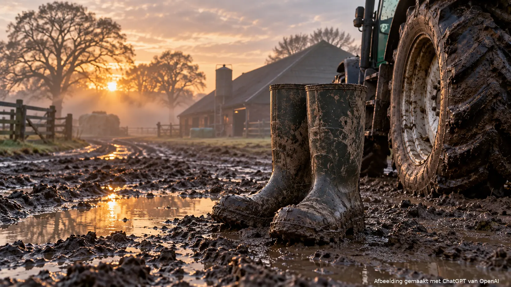 Boerenlaarzen op een Overijssels erf bij zonsopgang symboliseren de strijd van boeren om hun vergunning.