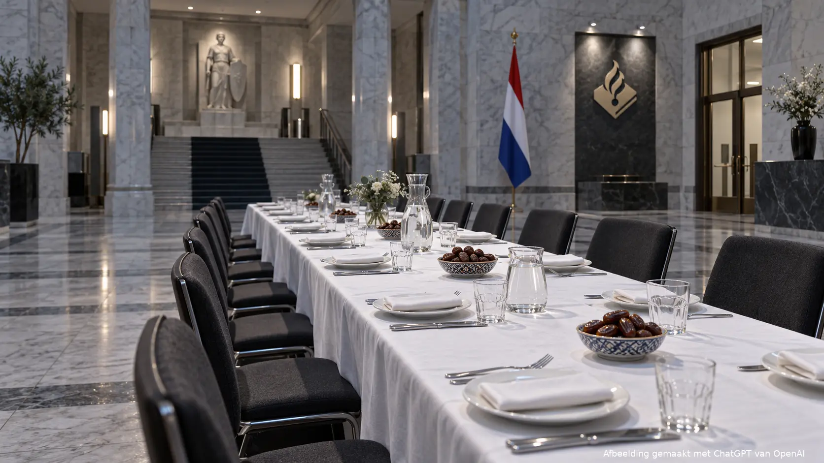 Gedekte tafel in een gemeentehuis bij het debat over door de overheid gefinancierde iftars.