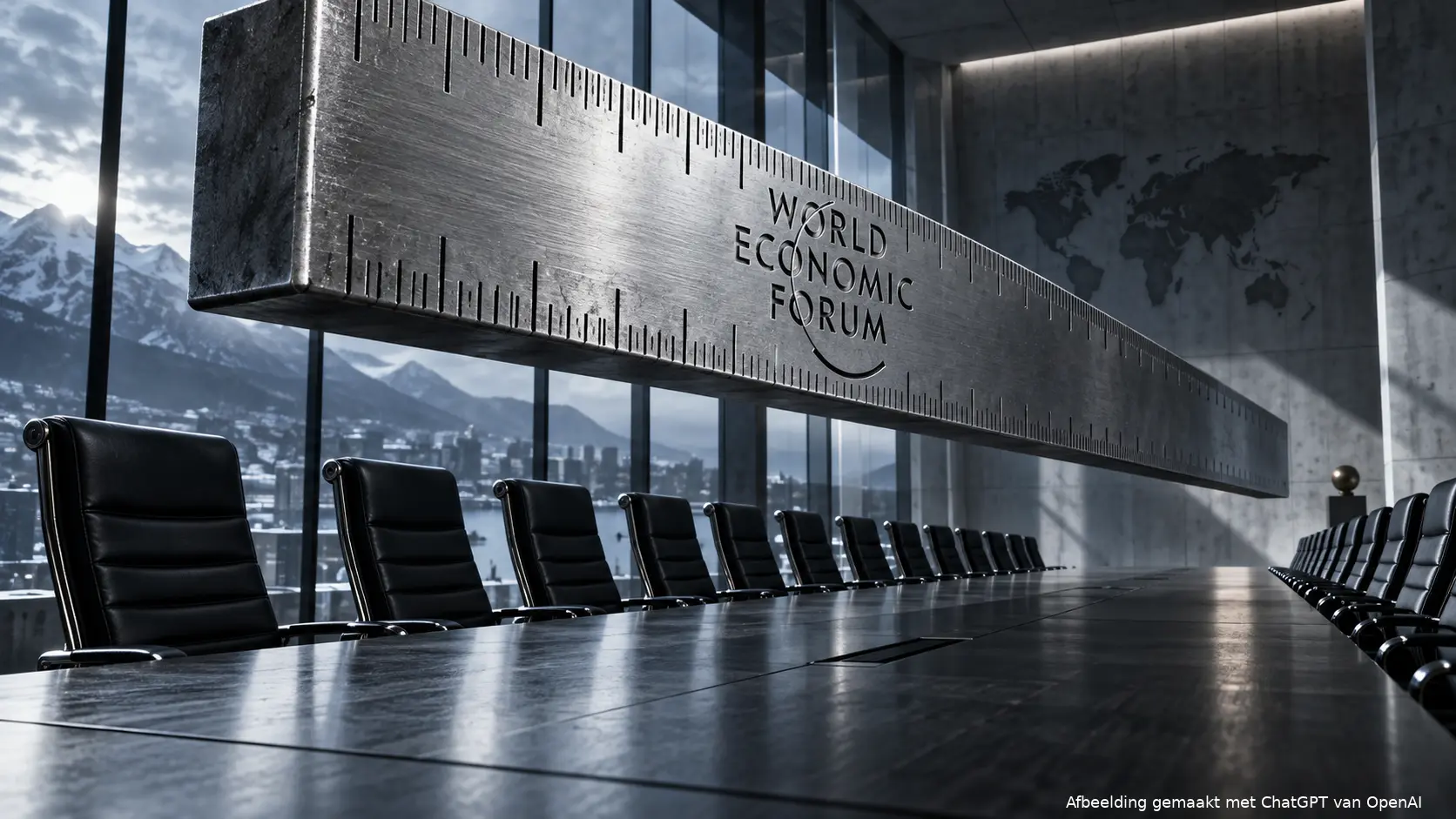 Directietafel en een meetlat als symbool voor opgedrongen genderquota door het World Economic Forum.
