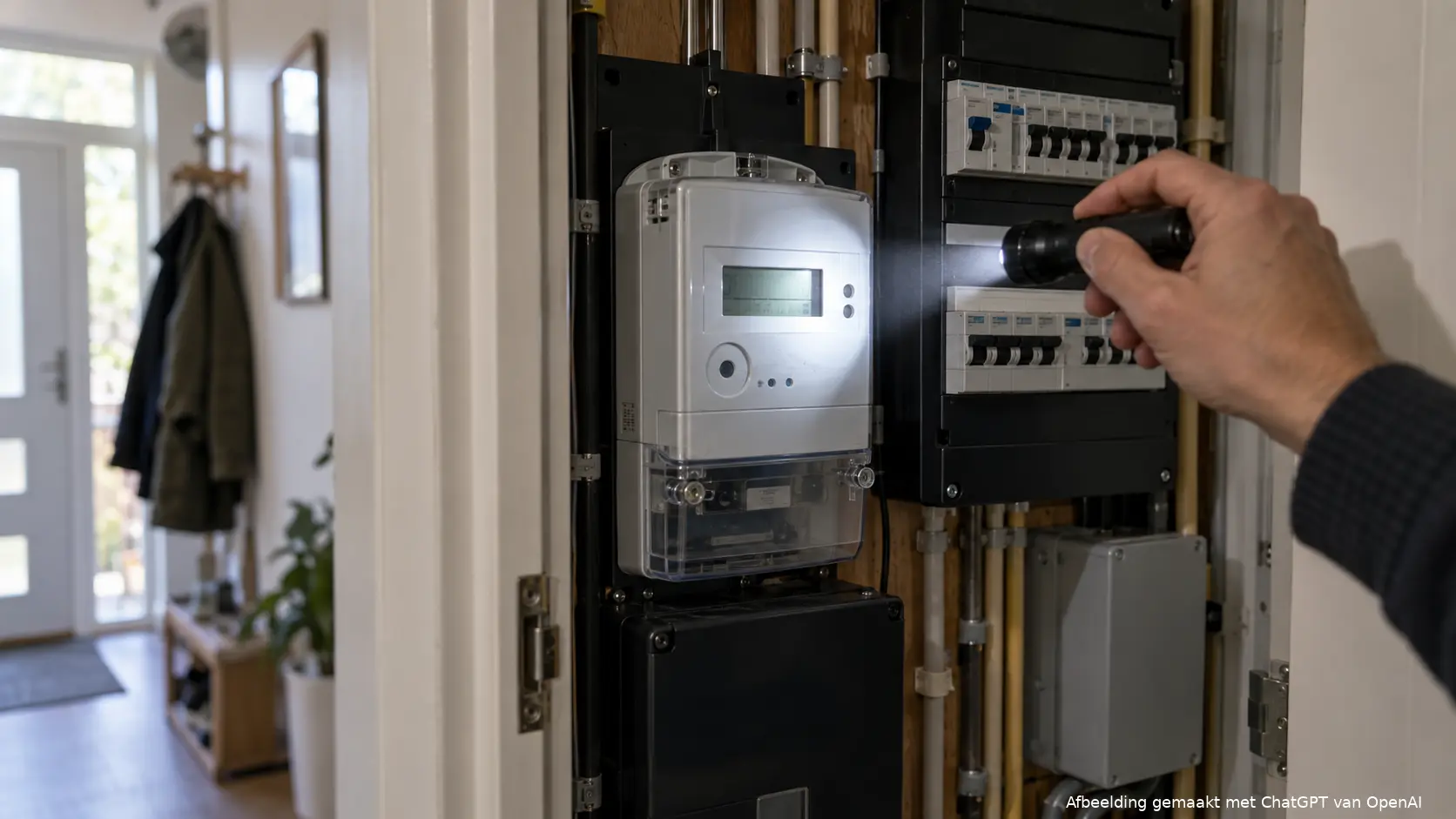 Illustratie van iemand die de elektriciteitsmeter in een meterkast controleert.