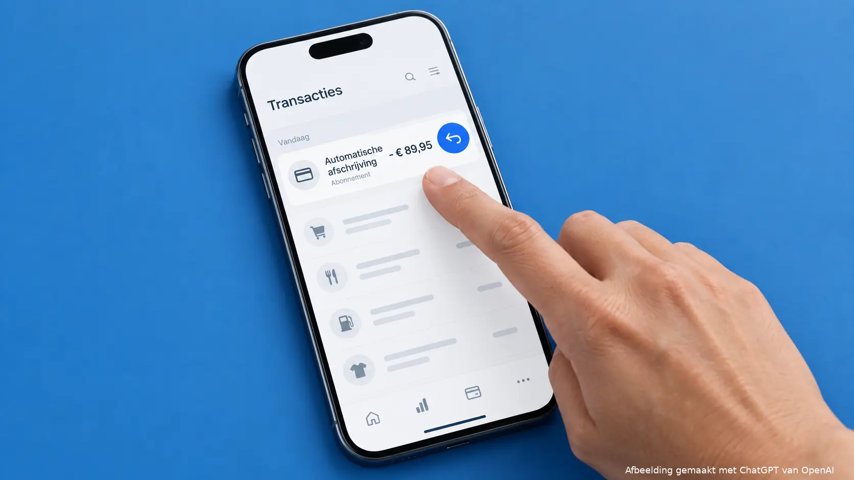 Illustratie van een bankapp waarin een automatische afschrijving wordt bekeken.