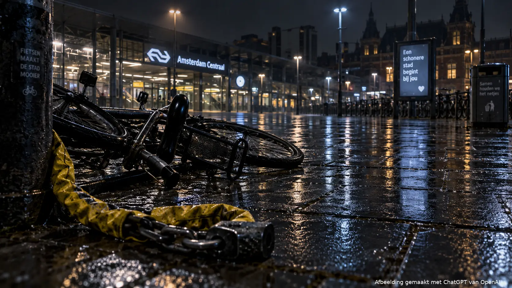 Zwaar kettingslot op de grond bij een treinstation na een gewelddadige mishandeling.