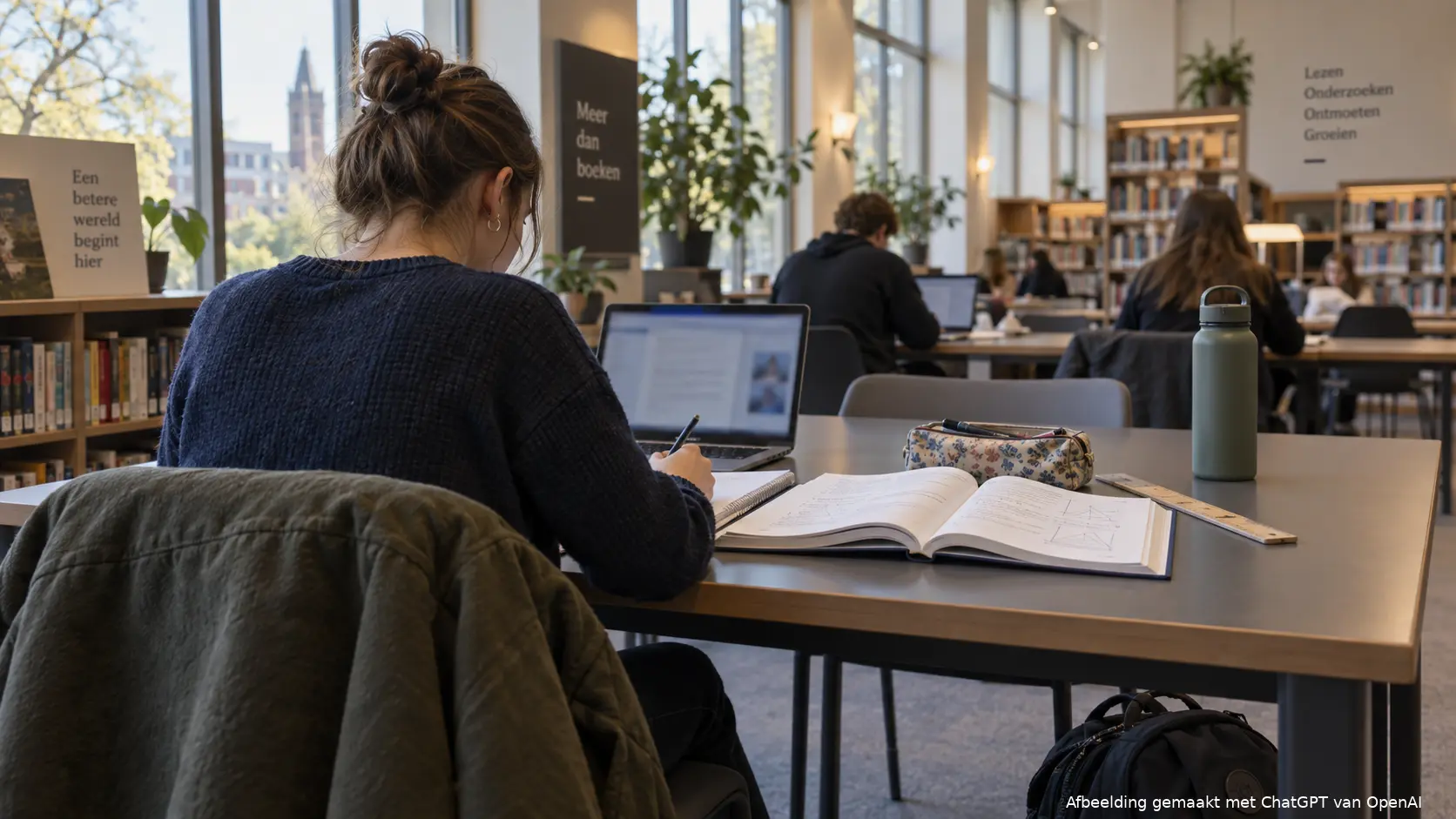 Illustratie van een meerderjarige scholier die in een schoolmediatheek werkt.