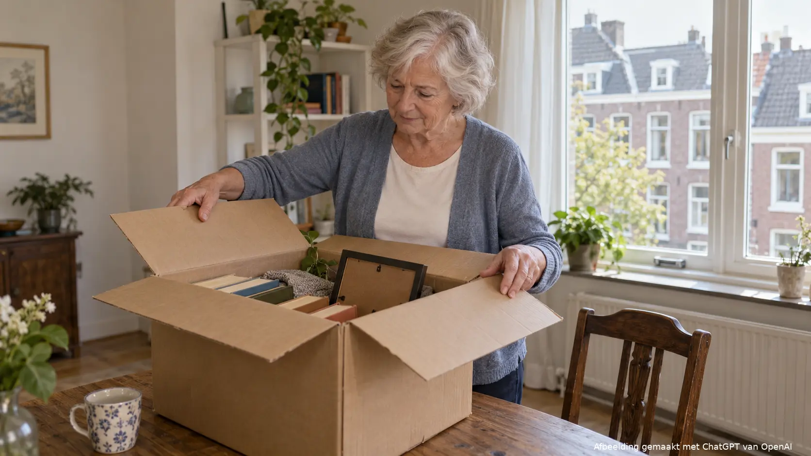 Oudere vrouw pakt een verhuisdoos uit in haar eigen woning.
