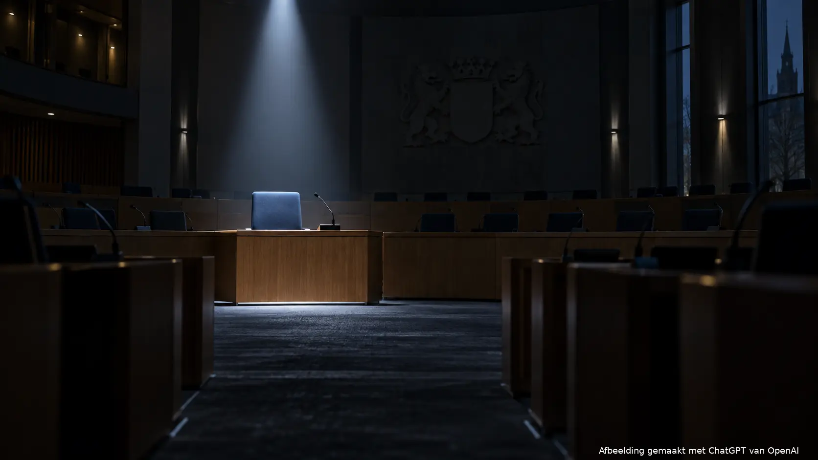 Eenzame raadszetel in de Nijmeegse raadszaal die symbool staat voor de uitsluiting van Forum voor Democratie (FVD).