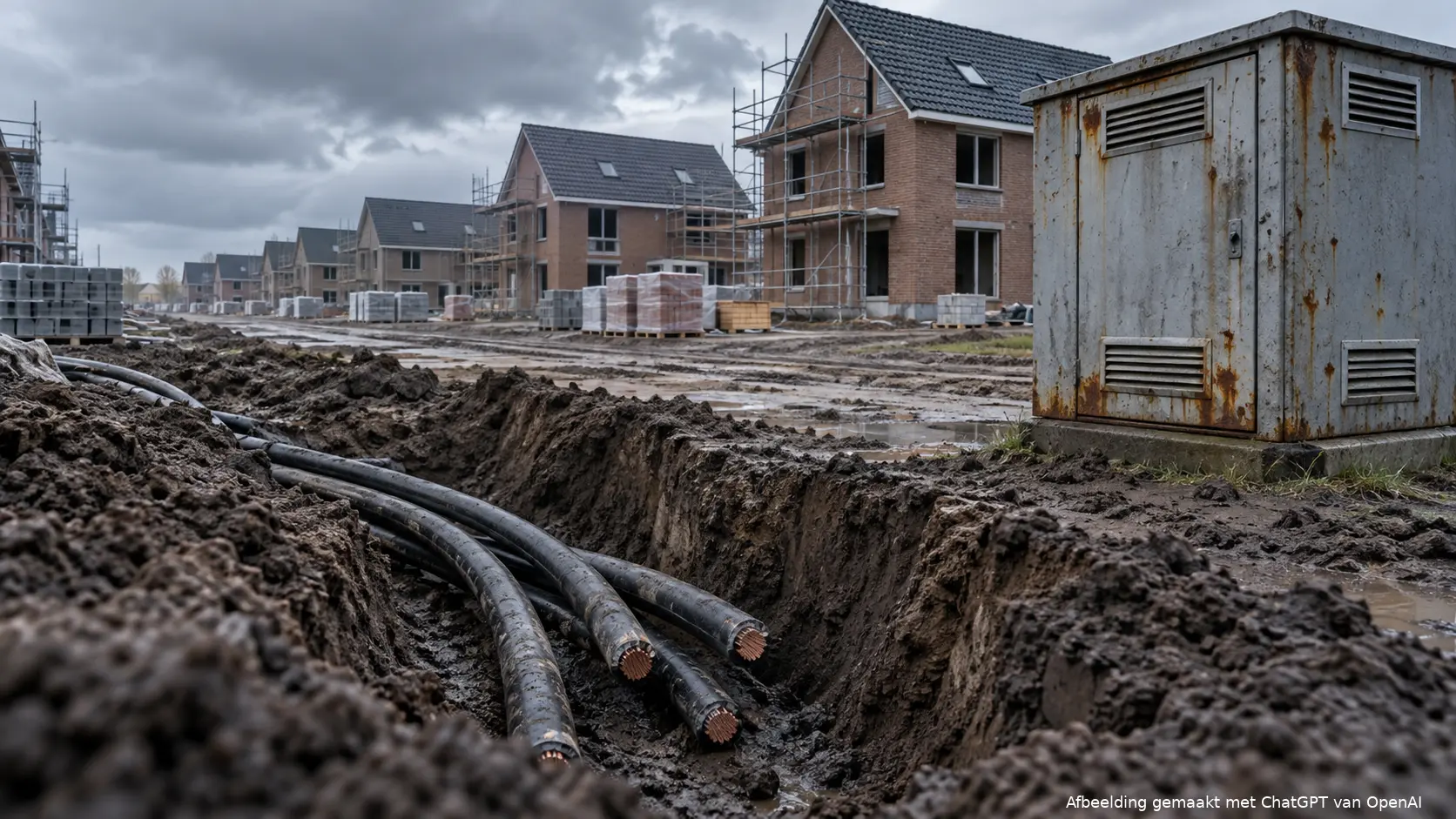 Nieuwbouwhuizen zonder stroomaansluiting door het overbelaste Nederlandse elektriciteitsnetwerk.