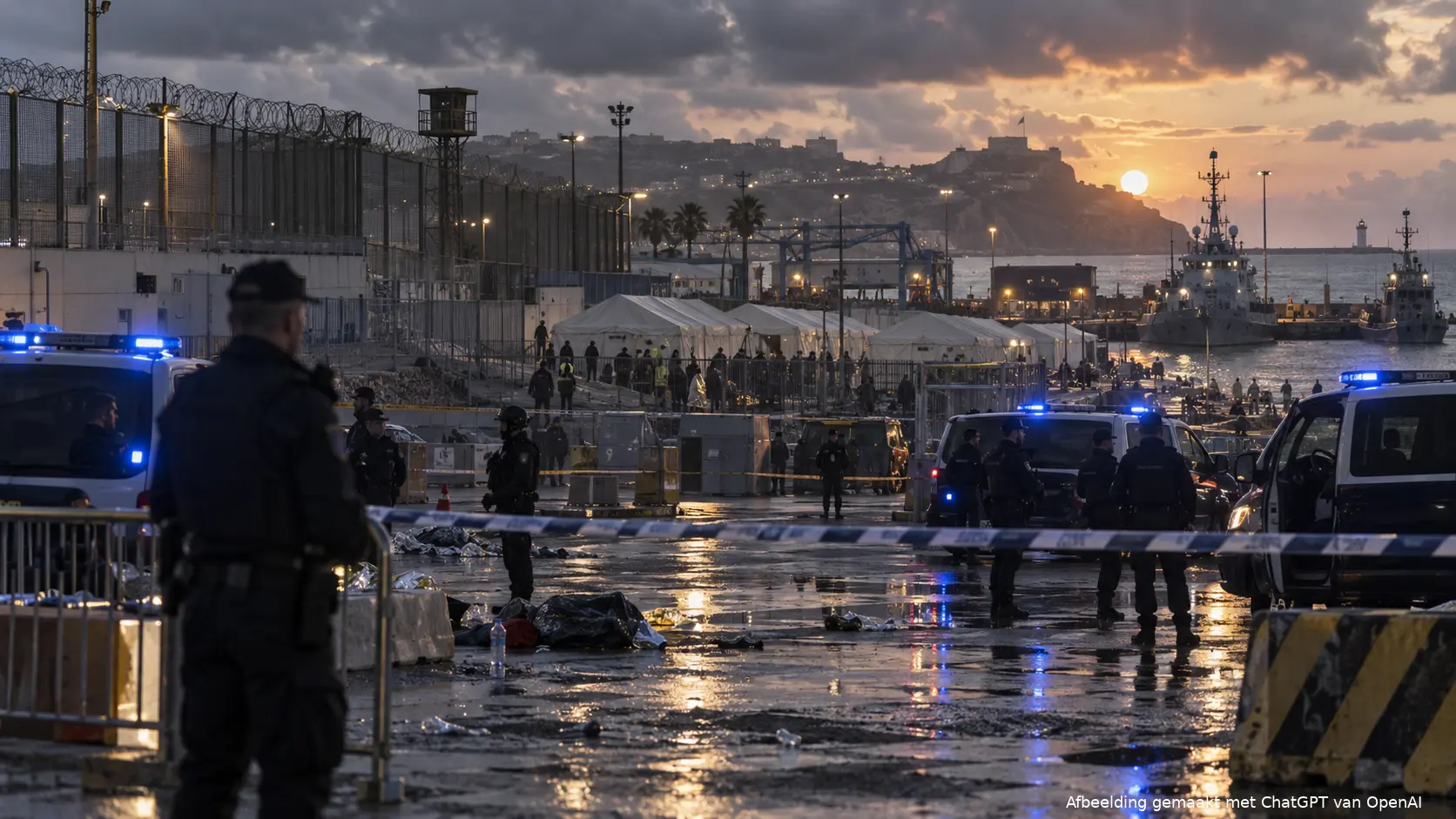 Grensgebied en noodopvang in Ceuta met politievoertuigen na confrontaties met migranten.