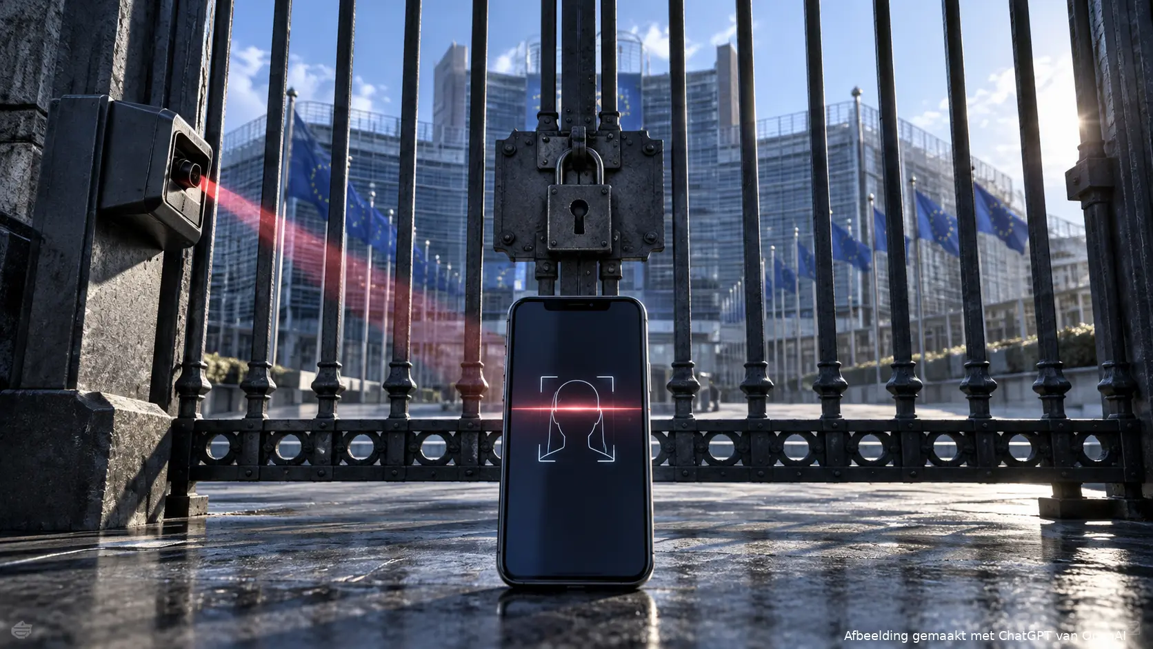 Smartphone voor een gesloten poort als symbool voor Europese leeftijdscontrole op internet.