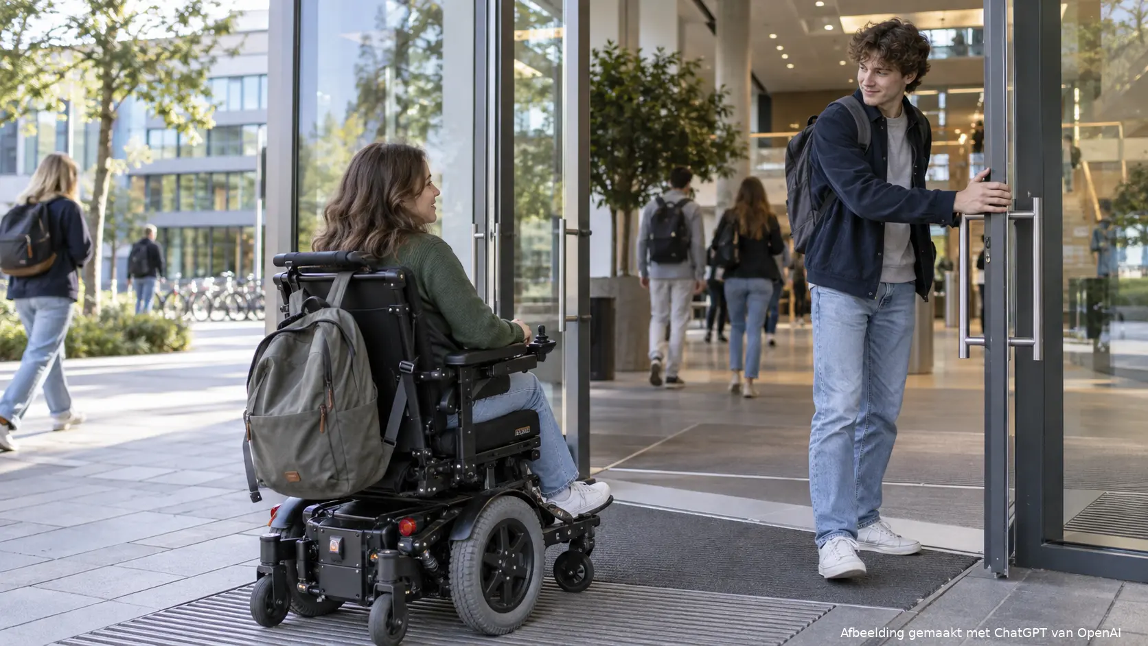 Een student in een elektrische rolstoel bij een onderwijsgebouw.
