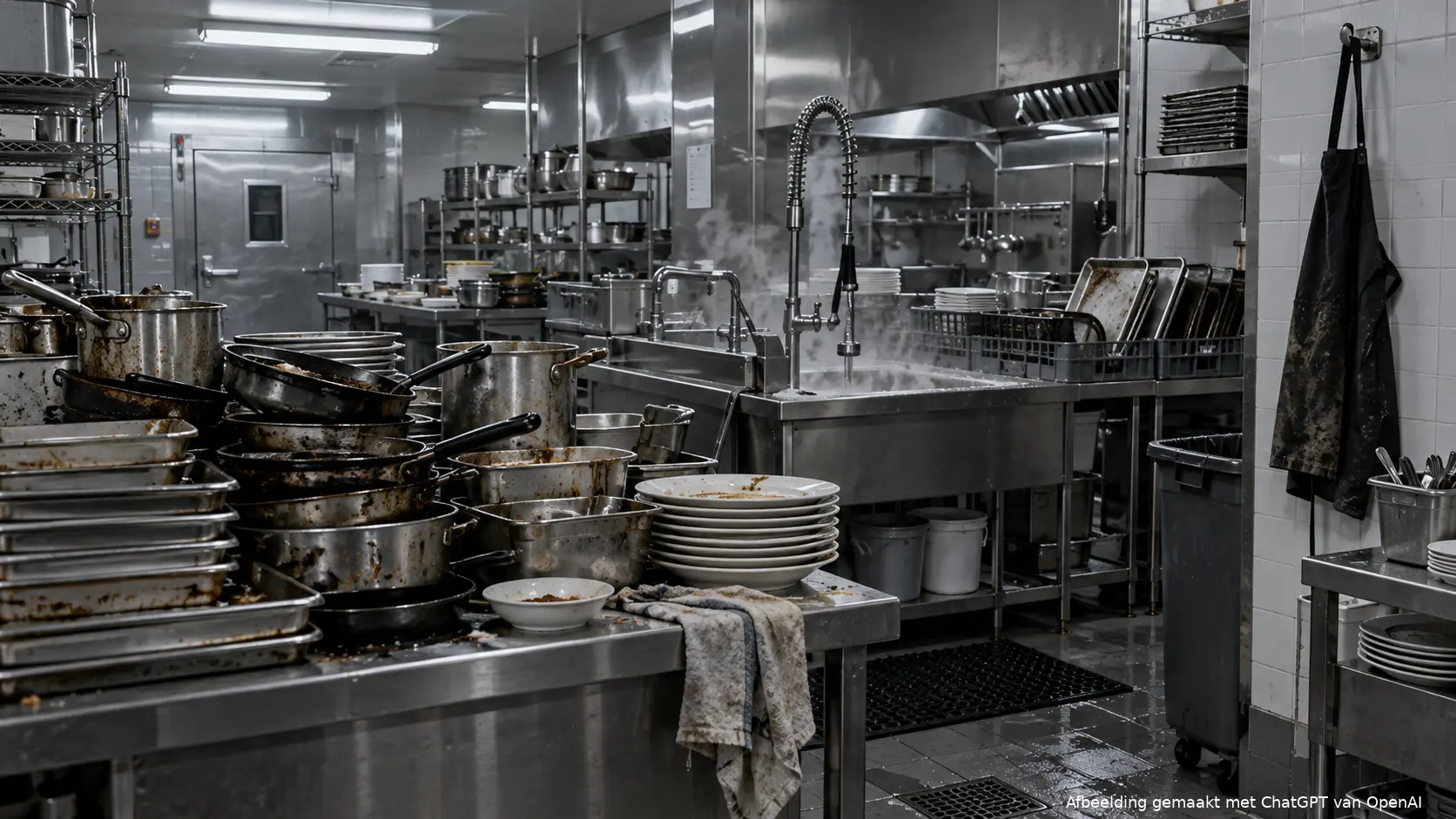Professionele spoelkeuken na sluitingstijd bij het nieuws over arbeidsuitbuiting in de horeca.
