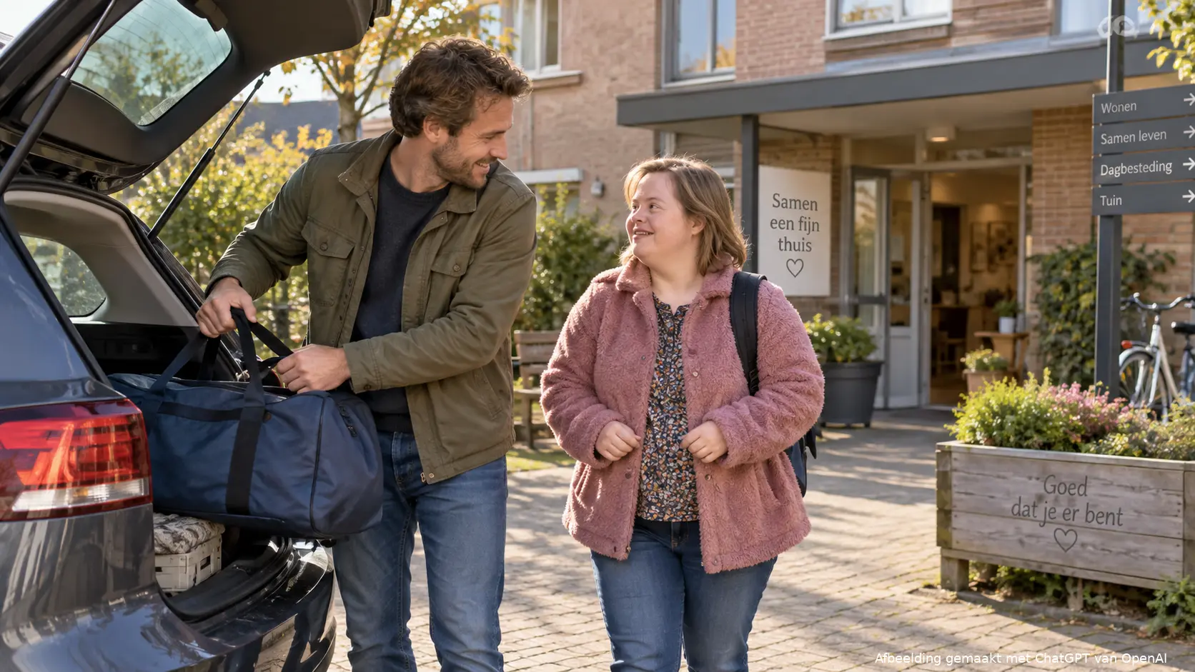 en broer en zus die met een weekendtas bij een auto staan.
