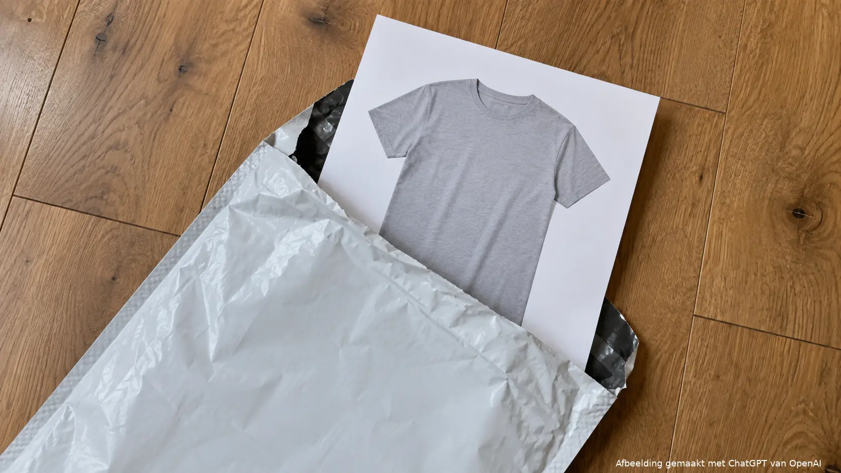 Een verzendenvelop met een afgedrukte foto van een T-shirt.
