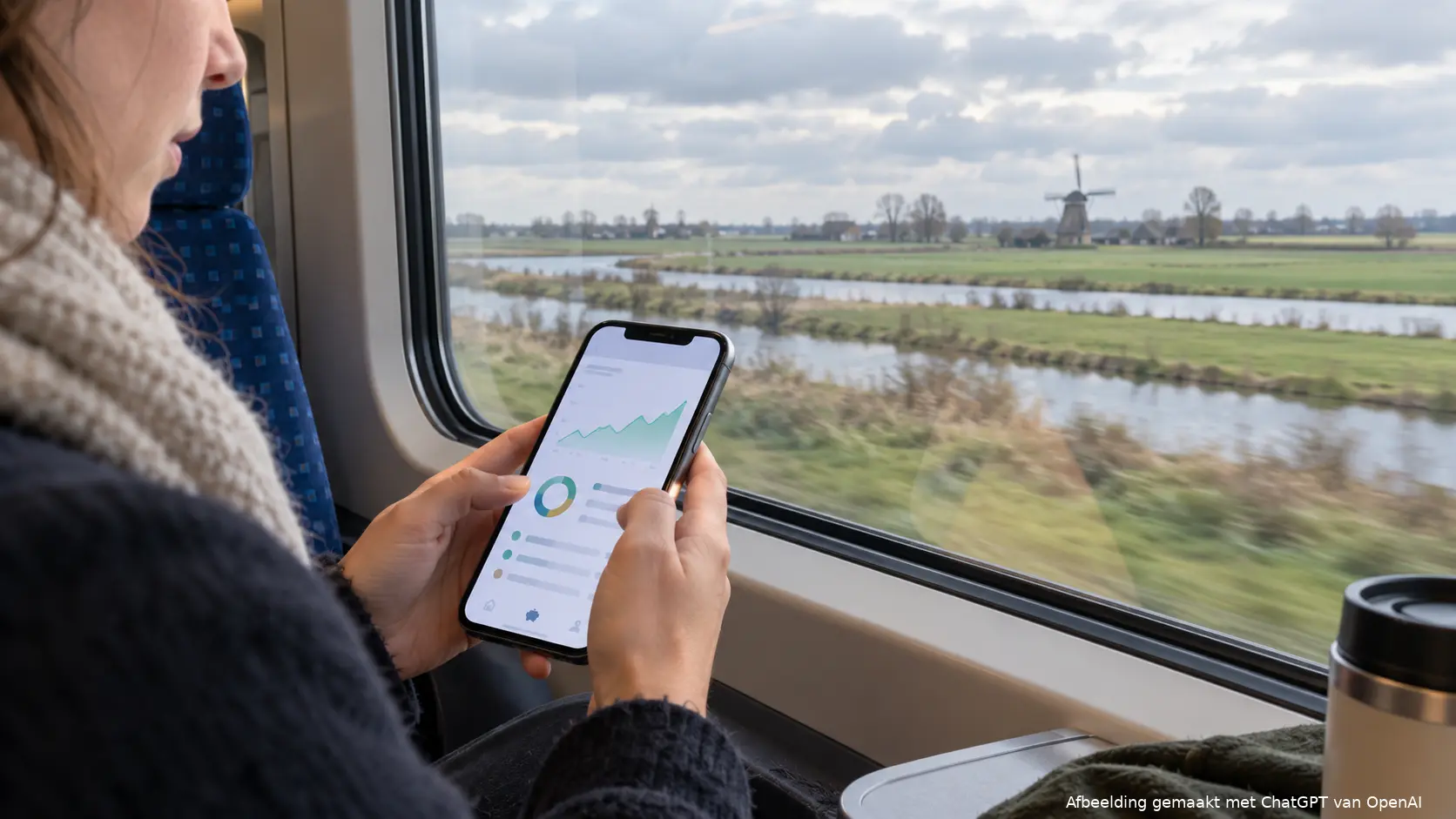 Een treinreiziger die financiële informatie op zijn telefoon bekijkt.