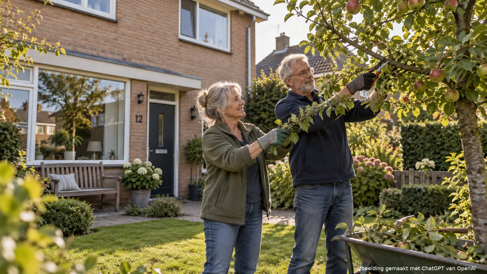 Een stel dat in de tuin van hun koopwoning werkt.