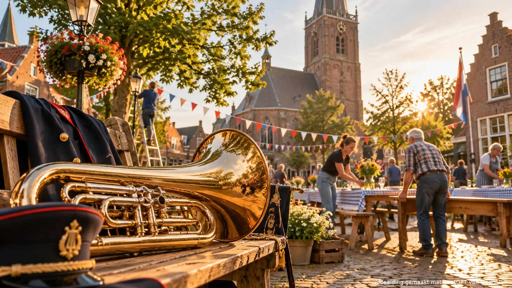 Fanfare-instrument op een dorpsplein symboliseert de echte, levende cultuur van Nederland.