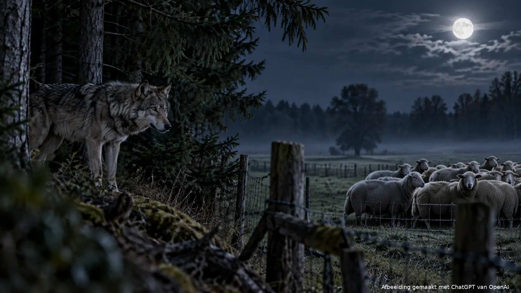 Wolf aan de rand van het bos bij een weide met schapen in Gelderland.
