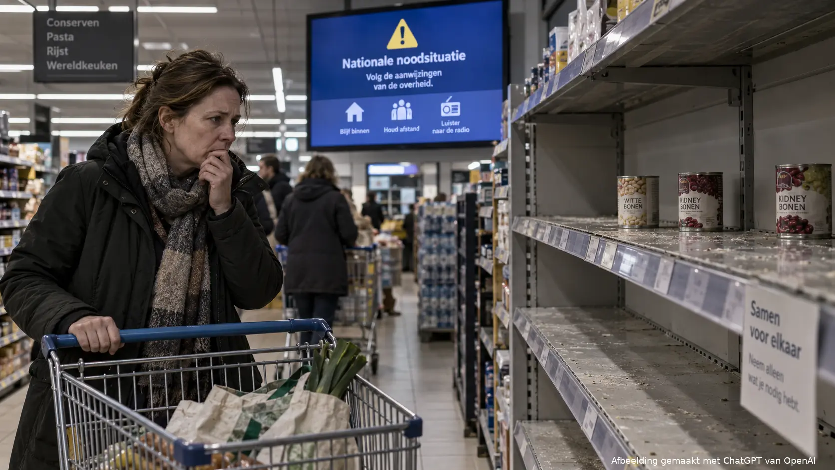 Lege schappen in een supermarkt bij het nieuws over de oproep van het kabinet om een voedselvoorraad voor acht dagen aan te leggen.