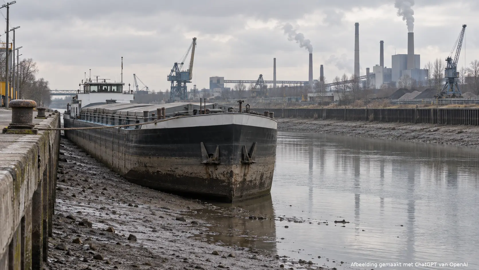 Binnenvaartschip dat vastligt langs de kade bij het Twentekanaal wegens watertekort.
