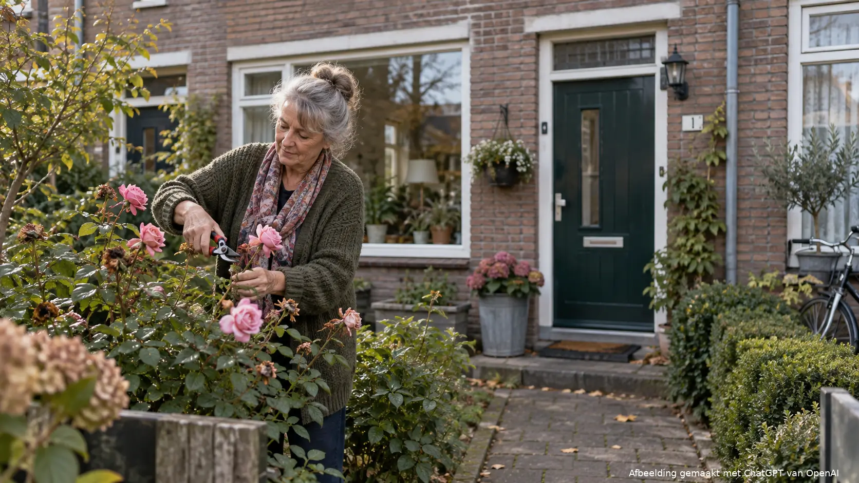 Een oudere huiseigenaar in de voortuin van een Nederlandse rijtjeswoning.
