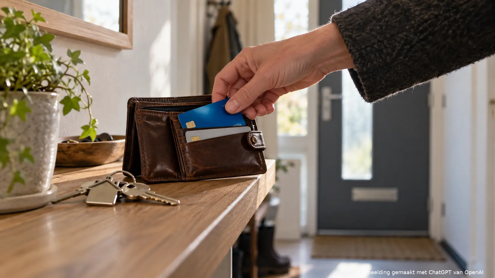 Een bankpas en huissleutel als verwijzing naar betaalbank en hypotheek.