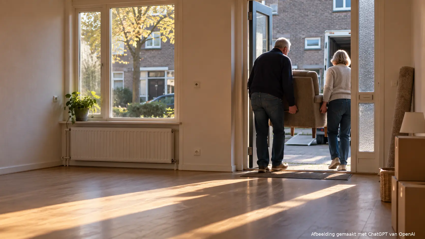 Bewoners die een laatste meubelstuk uit een lege woning dragen.