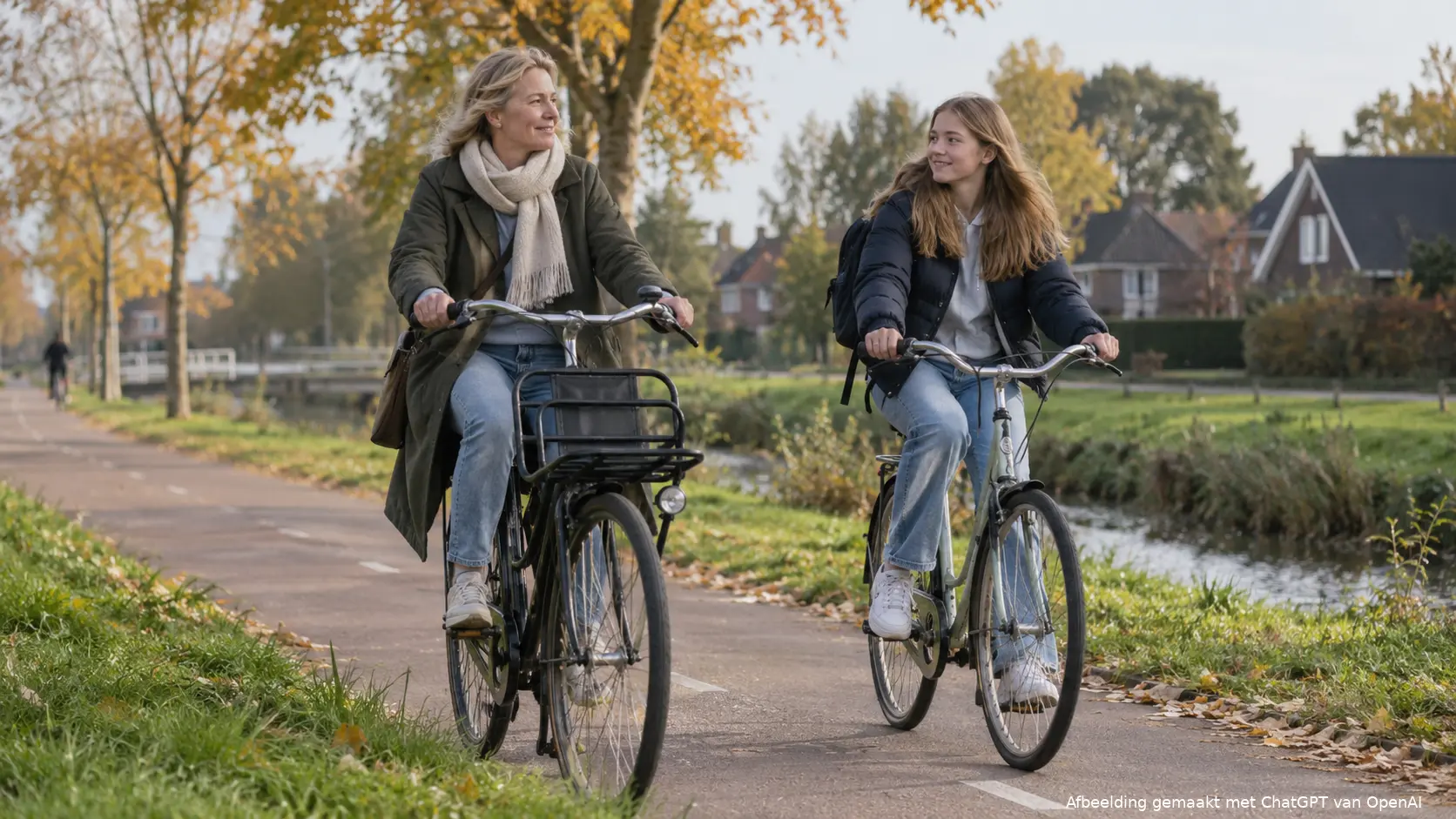 Moeder en tienerdochter fietsen samen over een Nederlands fietspad.