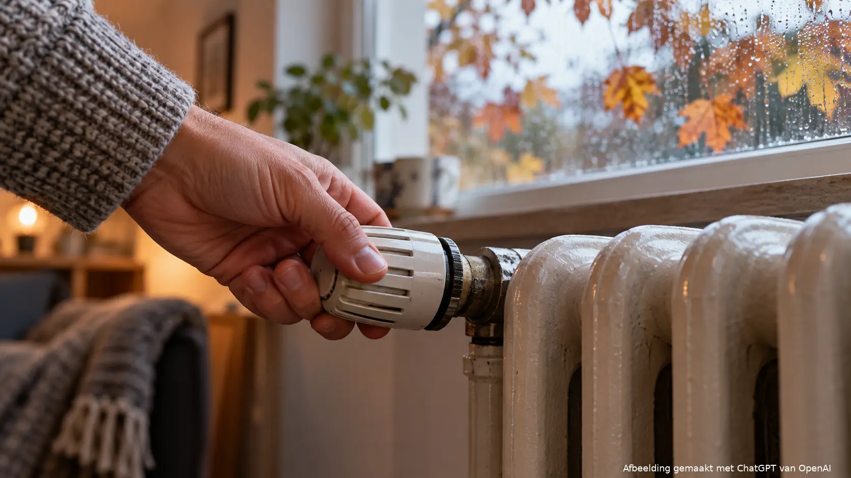 Hand draait een radiatorknop open tijdens een koele herfstdag.