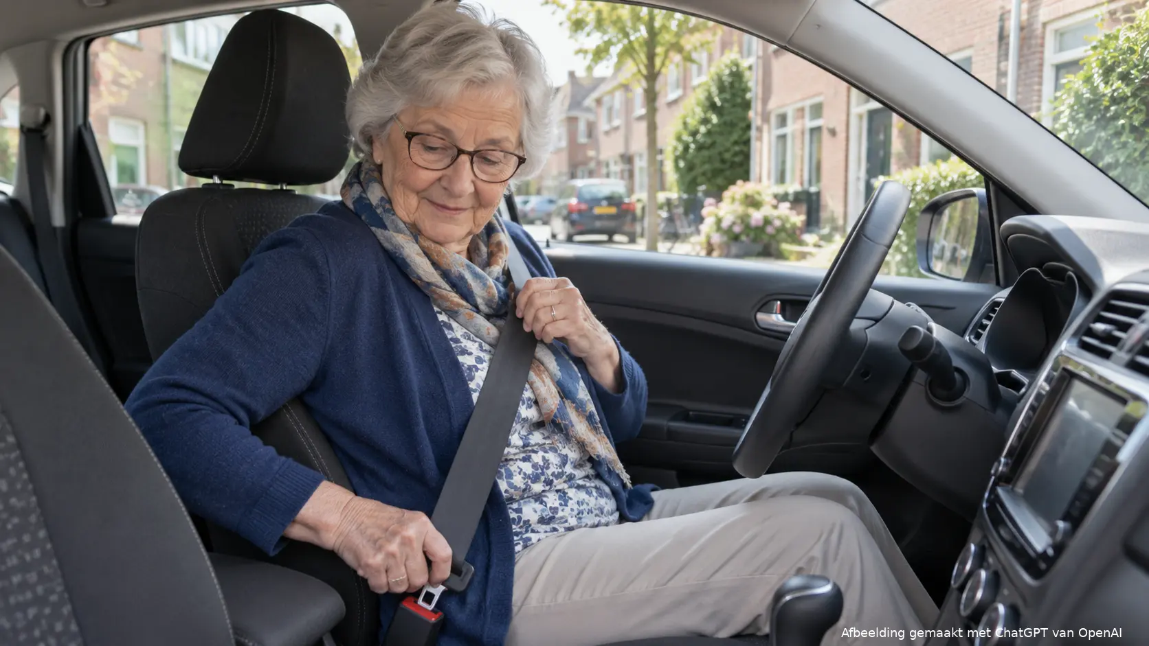Oudere vrouw maakt haar veiligheidsgordel vast op de bestuurdersplaats van een auto.