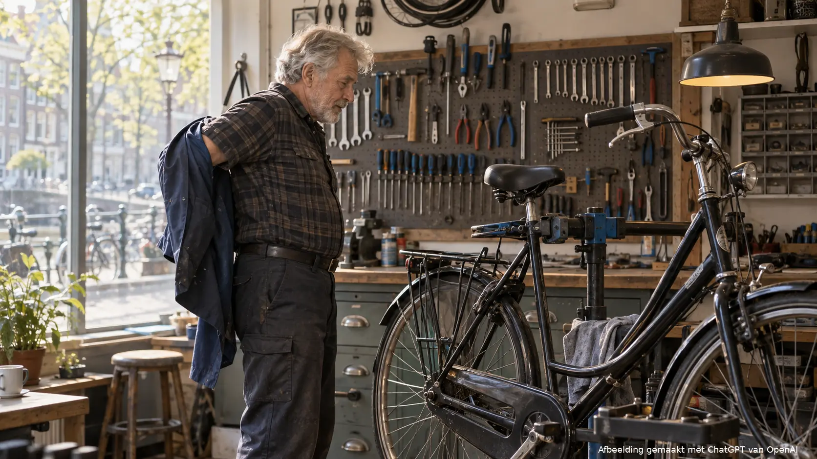 Een oudere fietsenmaker die zijn werk onderbreekt en zijn jas uittrekt.