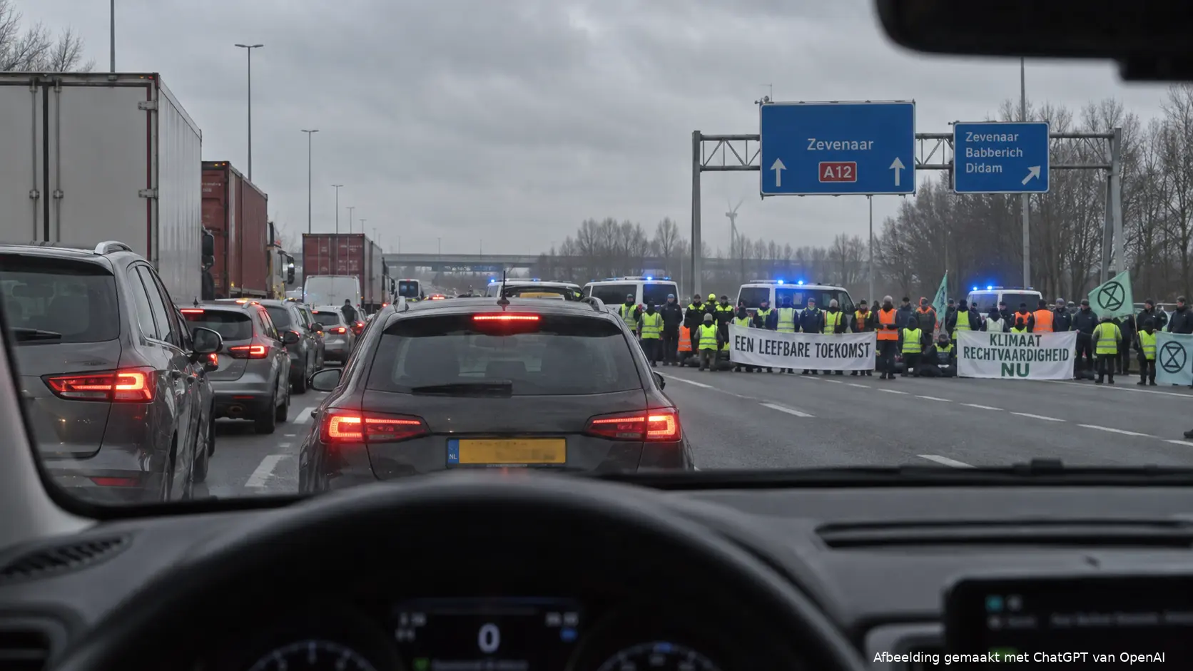 File op de A12 door een snelwegblokkade van Extinction Rebellion bij Zevenaar.