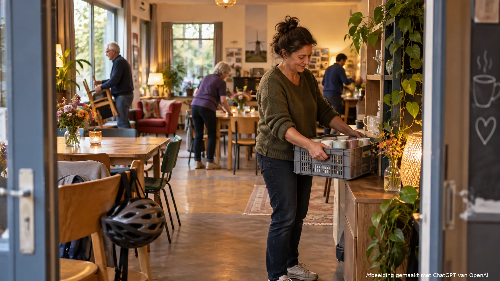 Een vrijwilliger die na een activiteit koffiekopjes opruimt in een buurthuis.