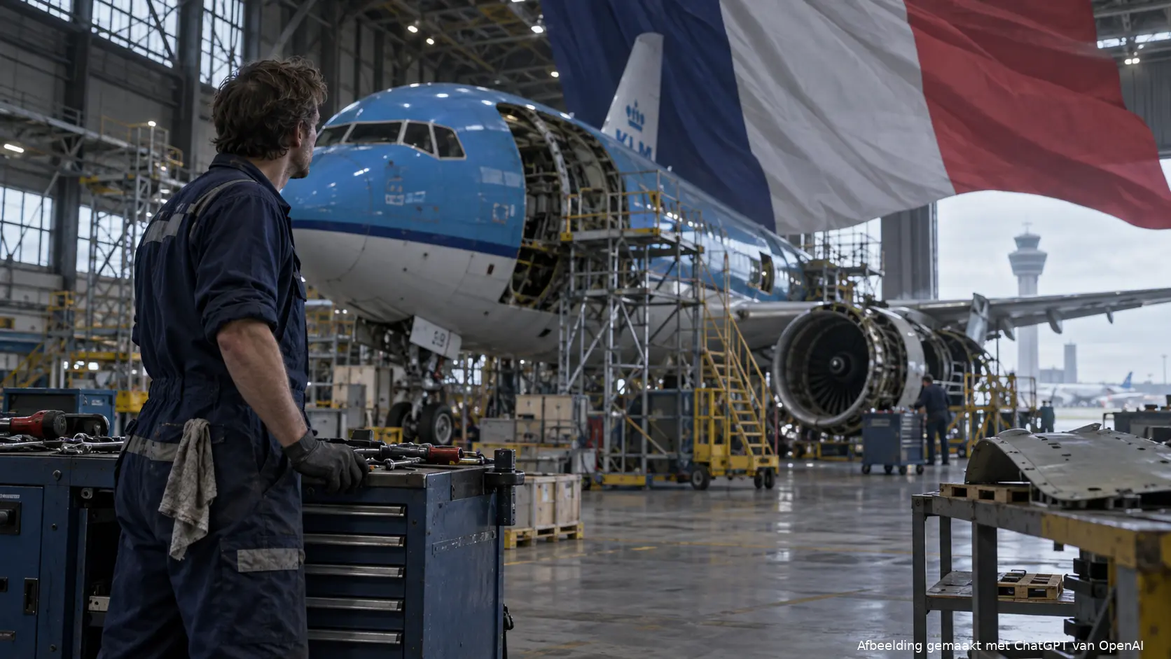 Monteur in een vliegtuigonderhoudshal op Schiphol bij de dreigende ontmanteling van KLM.