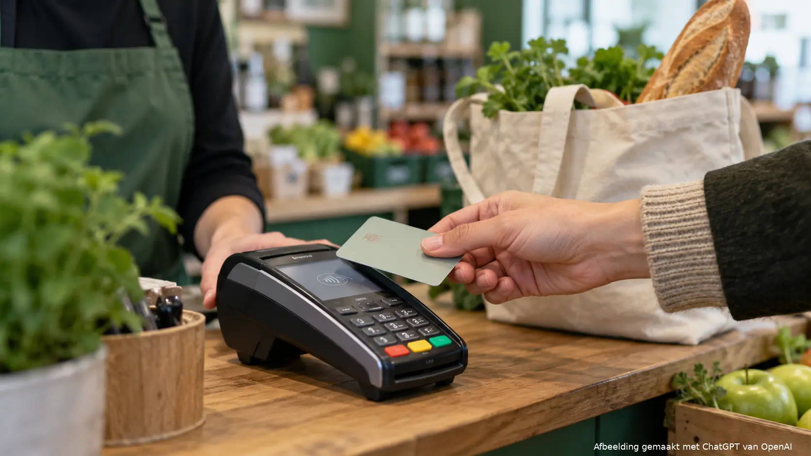 Een klant die met een bankpas betaalt aan een winkeltoonbank.
