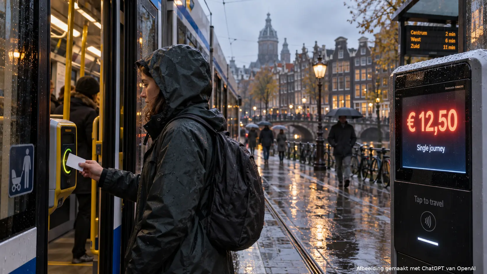 Reiziger checkt in bij een Amsterdamse tram van het GVB bij regenachtig weer.