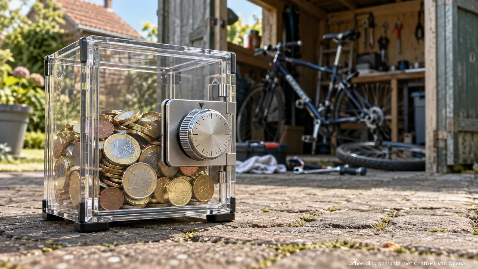 Epaargeld achter een tijdslot, met een fietsreparatie op de achtergrond.
