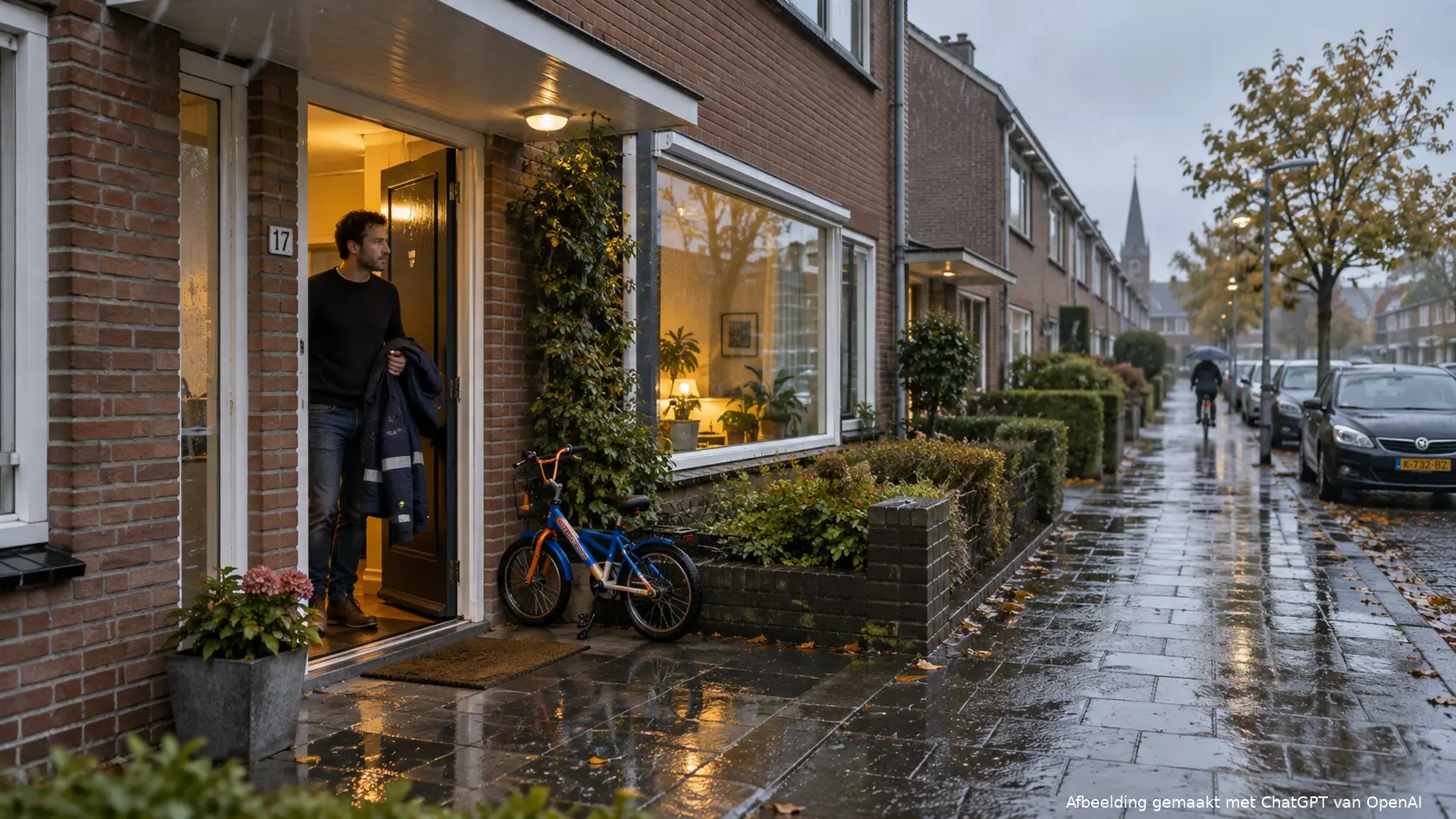 Een bewoner in de deuropening van een Nederlands rijtjeshuis.