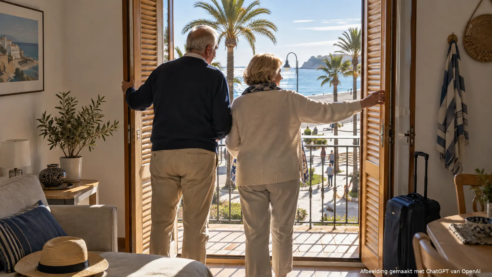 Ouder stel opent de balkonluiken van een vakantiewoning aan de Spaanse kust.