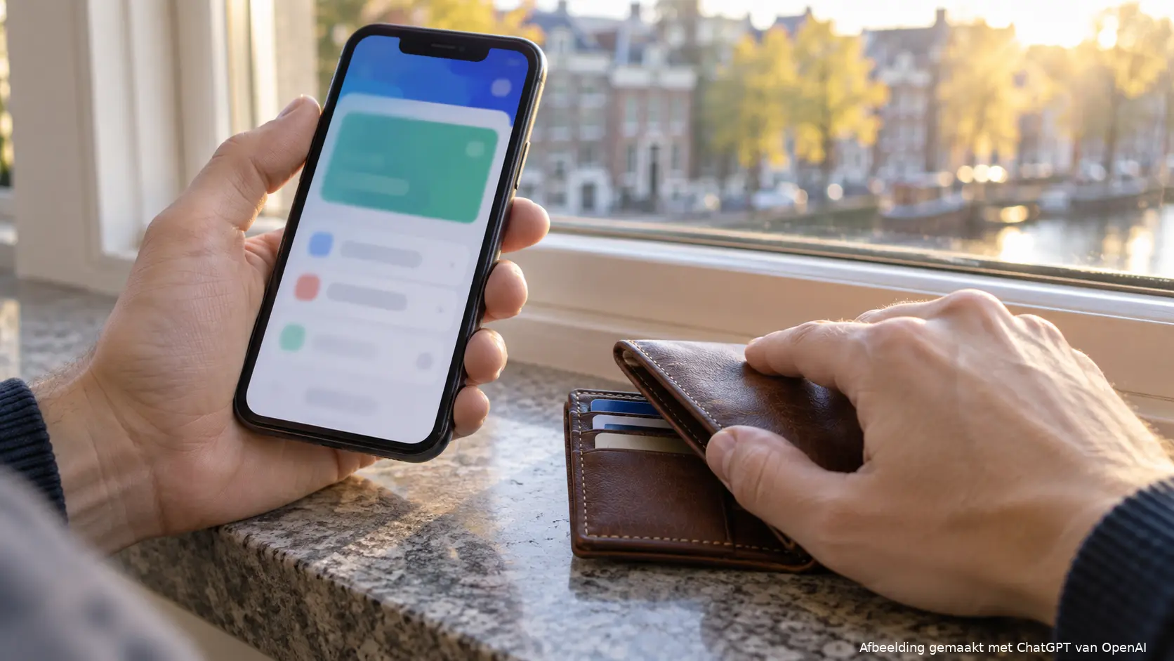 Spaarder gebruikt een bankapp op een smartphone naast een leren portemonnee.