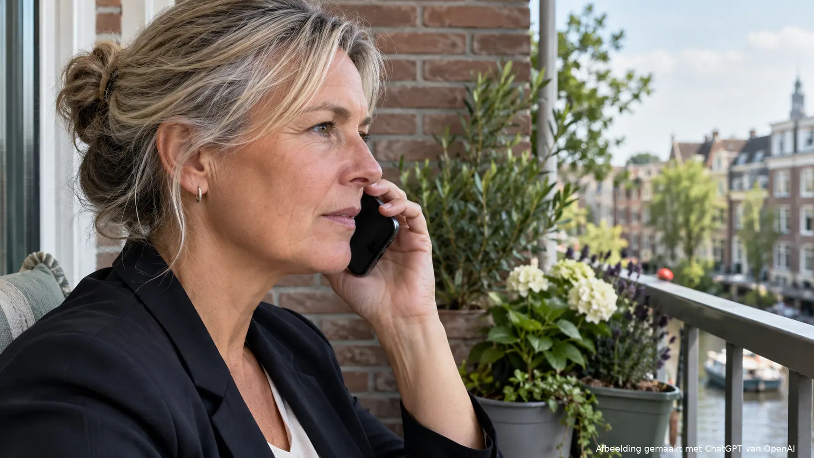 Vrouw belt vanaf haar balkon om een betalingsregeling voor haar zorgverzekering te bespreken.