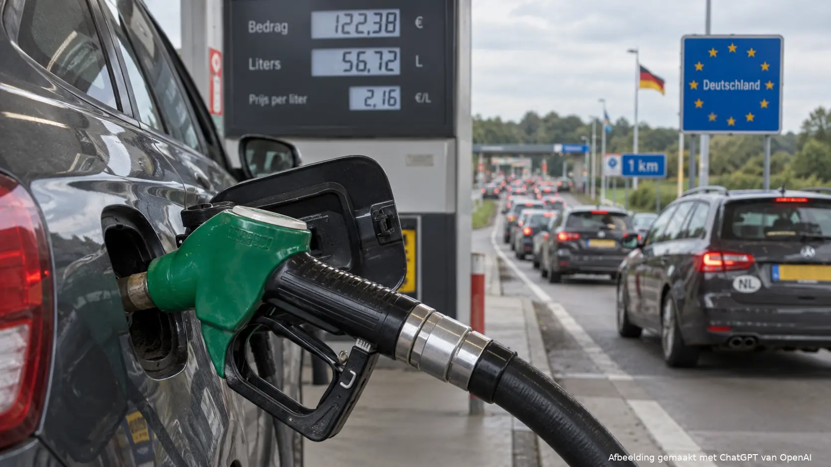 Een auto wordt volgetankt bij een Nederlands tankstation nabij de grens.