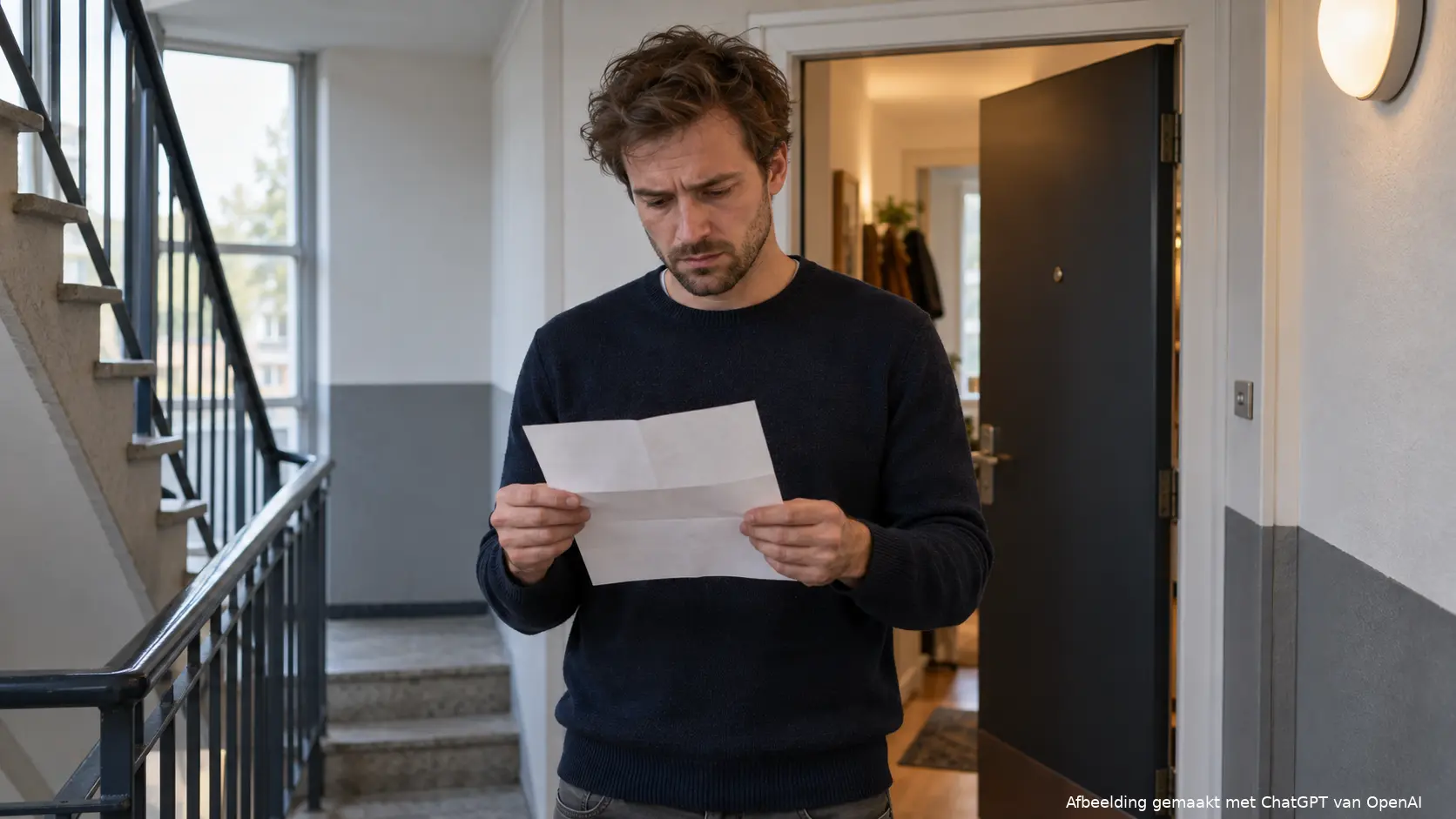 Man staat in het trappenhuis van een appartementengebouw met een geopende brief in zijn hand