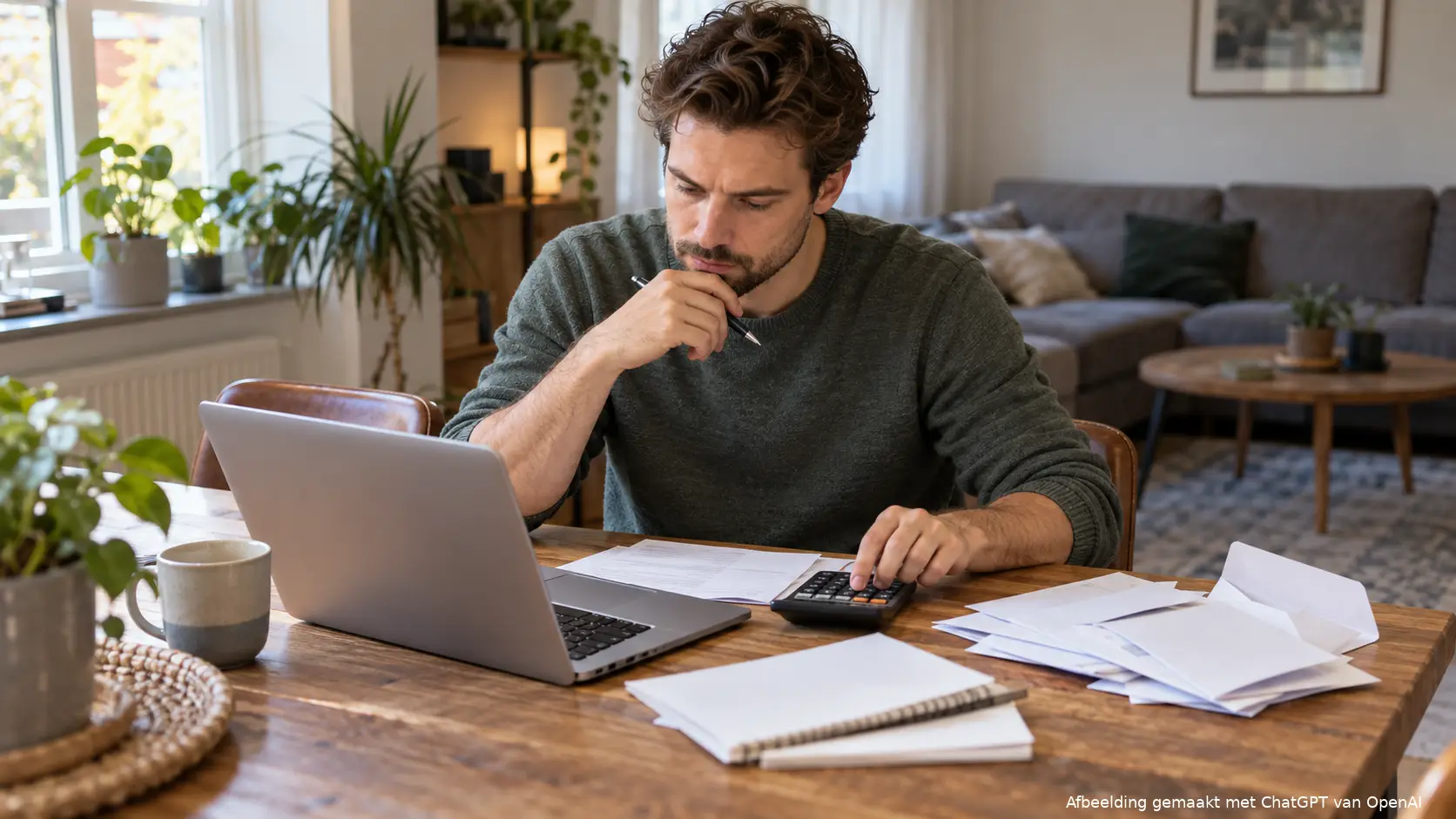 Man van begin dertig rekent aan de eettafel met een laptop en rekenmachine