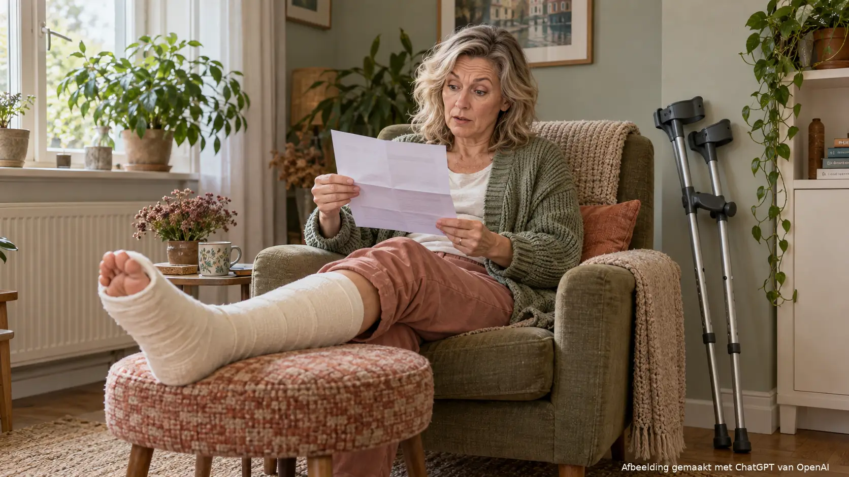 Vrouw met haar been in het gips leest thuis een brief, met krukken tegen de muur