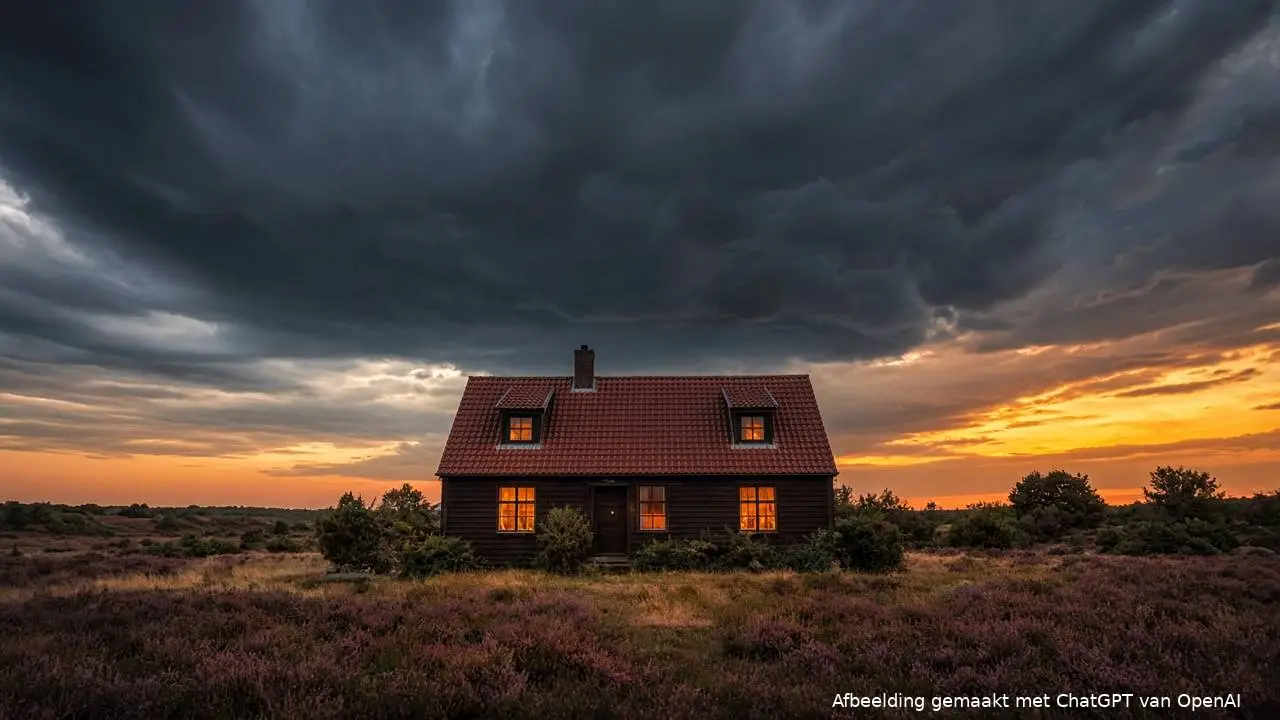 Vrijstaand vakantiehuis met verlichte ramen op de heide, onder een donkere onweerslucht bij zonsondergang